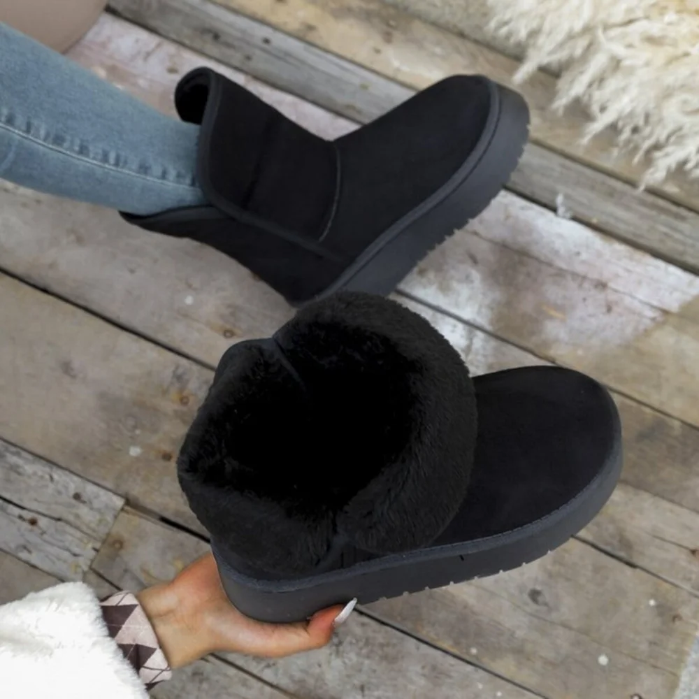 Platform Classic Short Boot Plush Faux Fur Vegan Suede Chunky Lug Winter Shoes